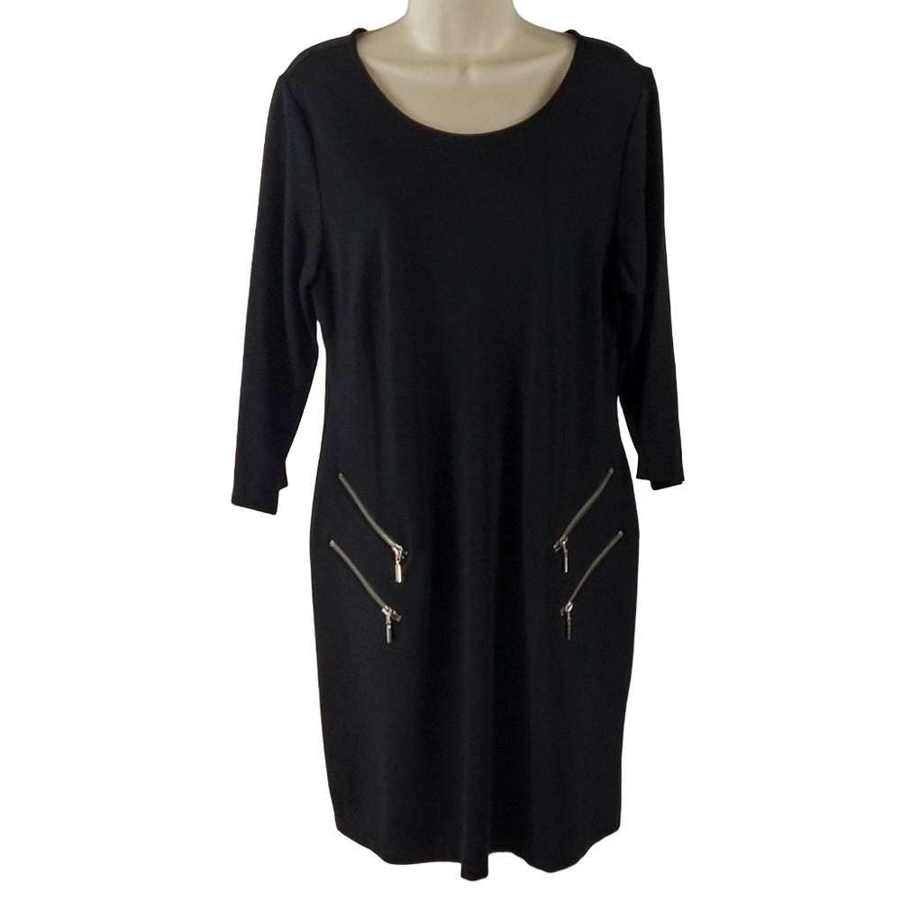 Nina Leonard Long Sleeves Black Dress with Zipper Accents